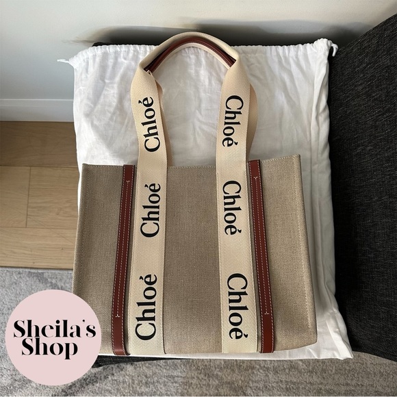 NWT Chloe Woody Medium Tote Bag Leather-Trimmed Canvas White & Brown - Picture 4 of 10